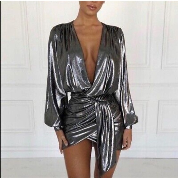 House of Cb London Alvona Silver Metallic Mini Dress